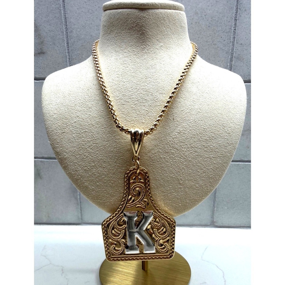 Western Cattle Tag Initial‎ K Pendant Necklace Engraved Filigree Gold NWOT - Picture 5 of 10